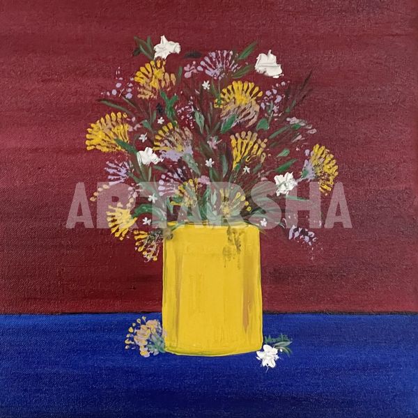 Yellow vase with wildflowers on blue and maroon background.