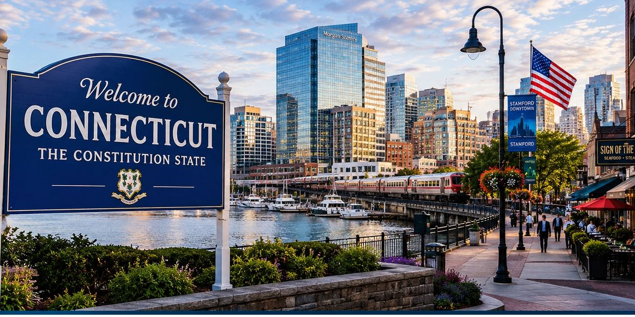 Welcome sign for Connecticut with cityscape and waterfront in the background.