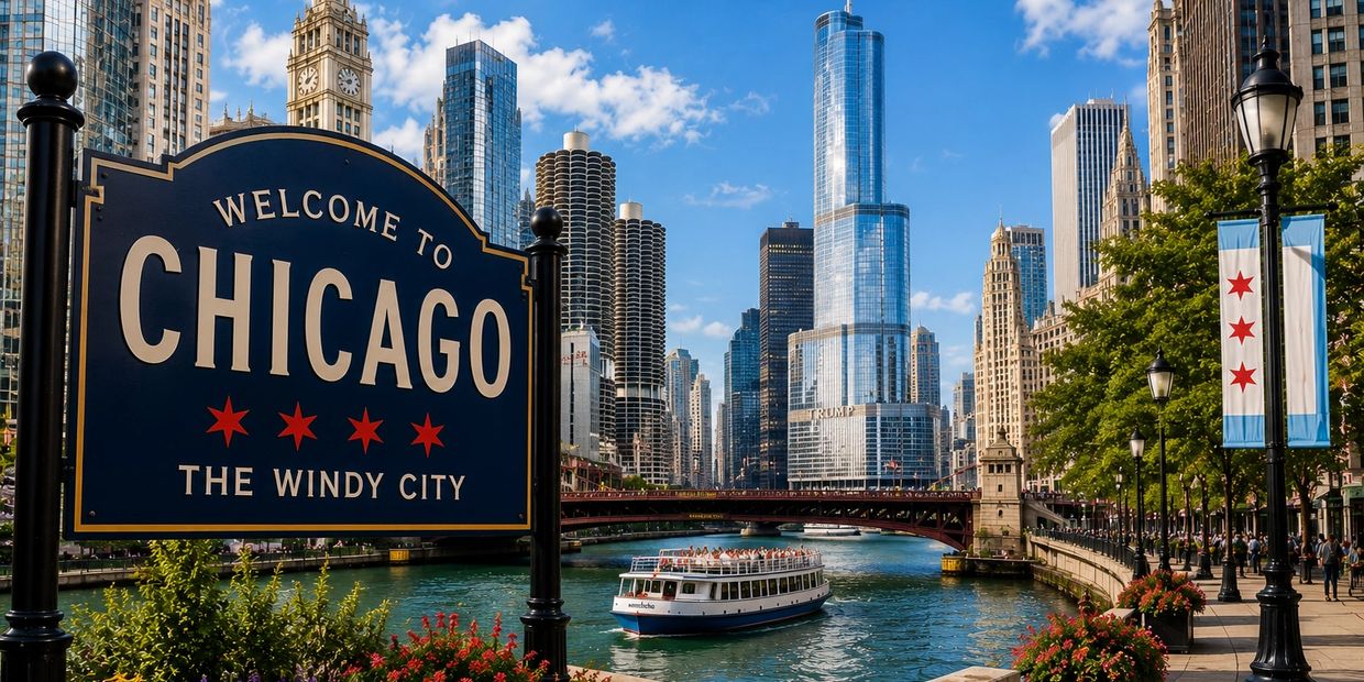 Welcome sign for Chicago with city skyline and riverboat in the background.