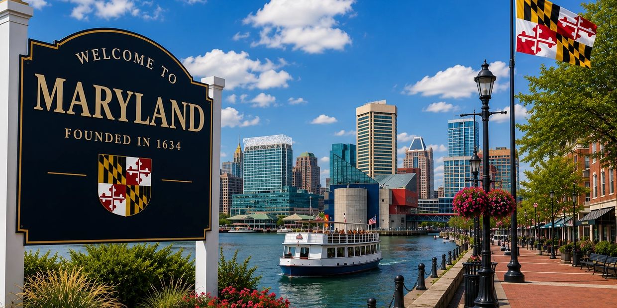 Welcome sign for Maryland with a city skyline and boat on the water.