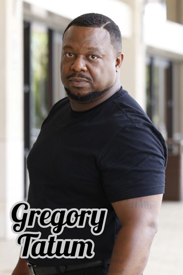 Portrait of a man in a black shirt with 'Gregory Tatum' text overlay.