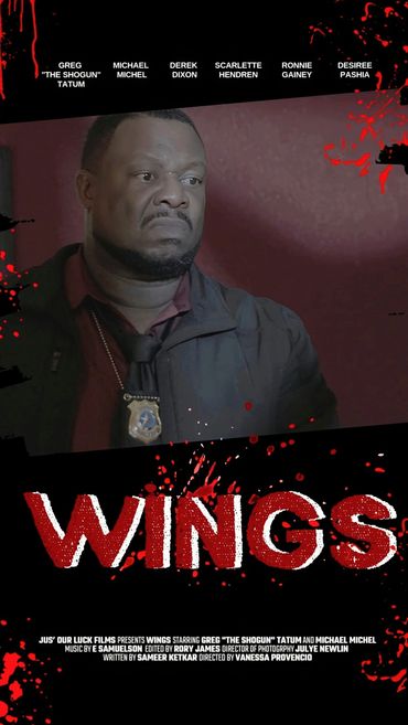 Serious man in police badge on a dark, blood-splattered movie poster titled 'Wings'.