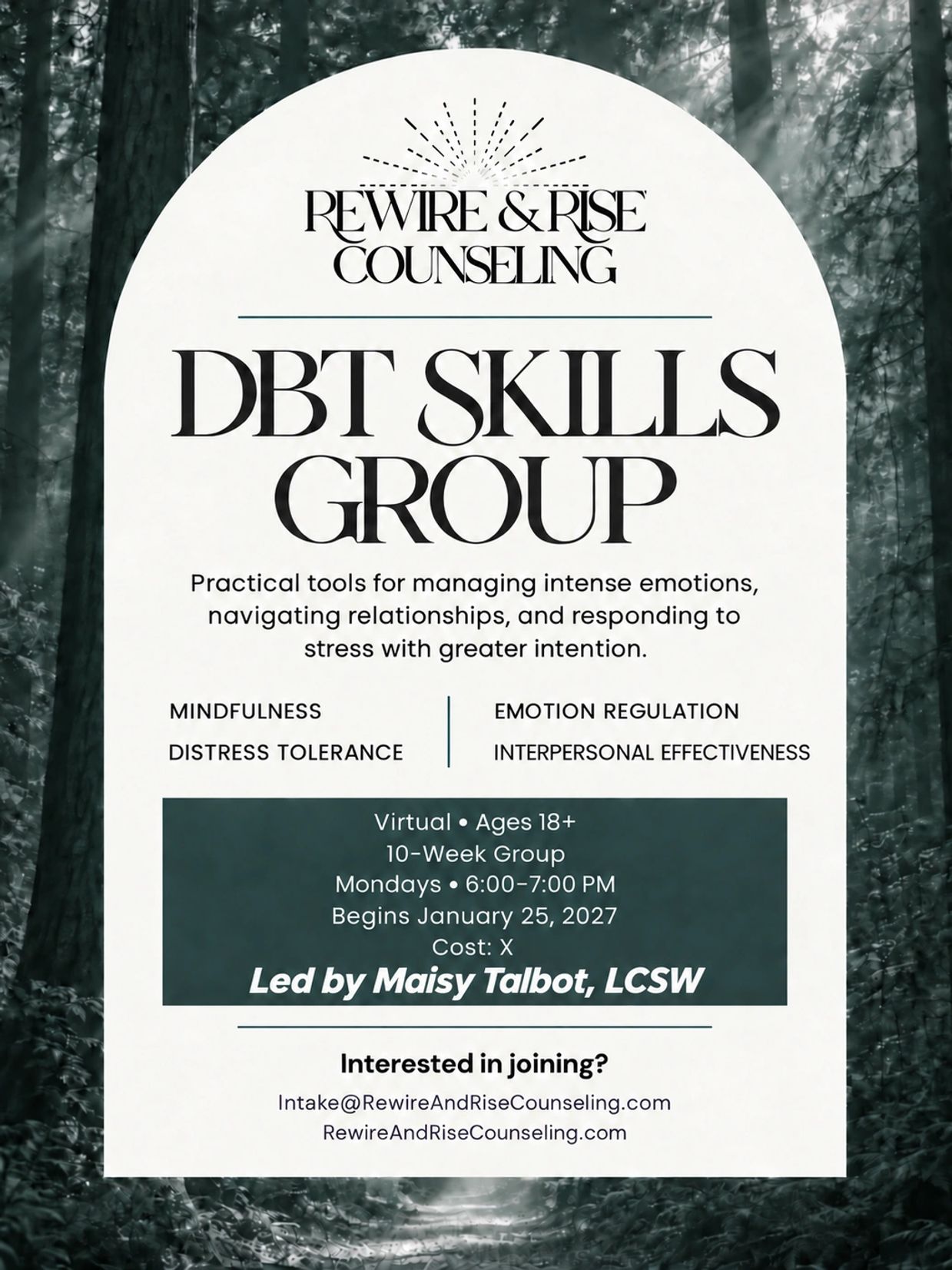 Flyer for DBT Skills Group by Rewire &amp; Rise Counseling.