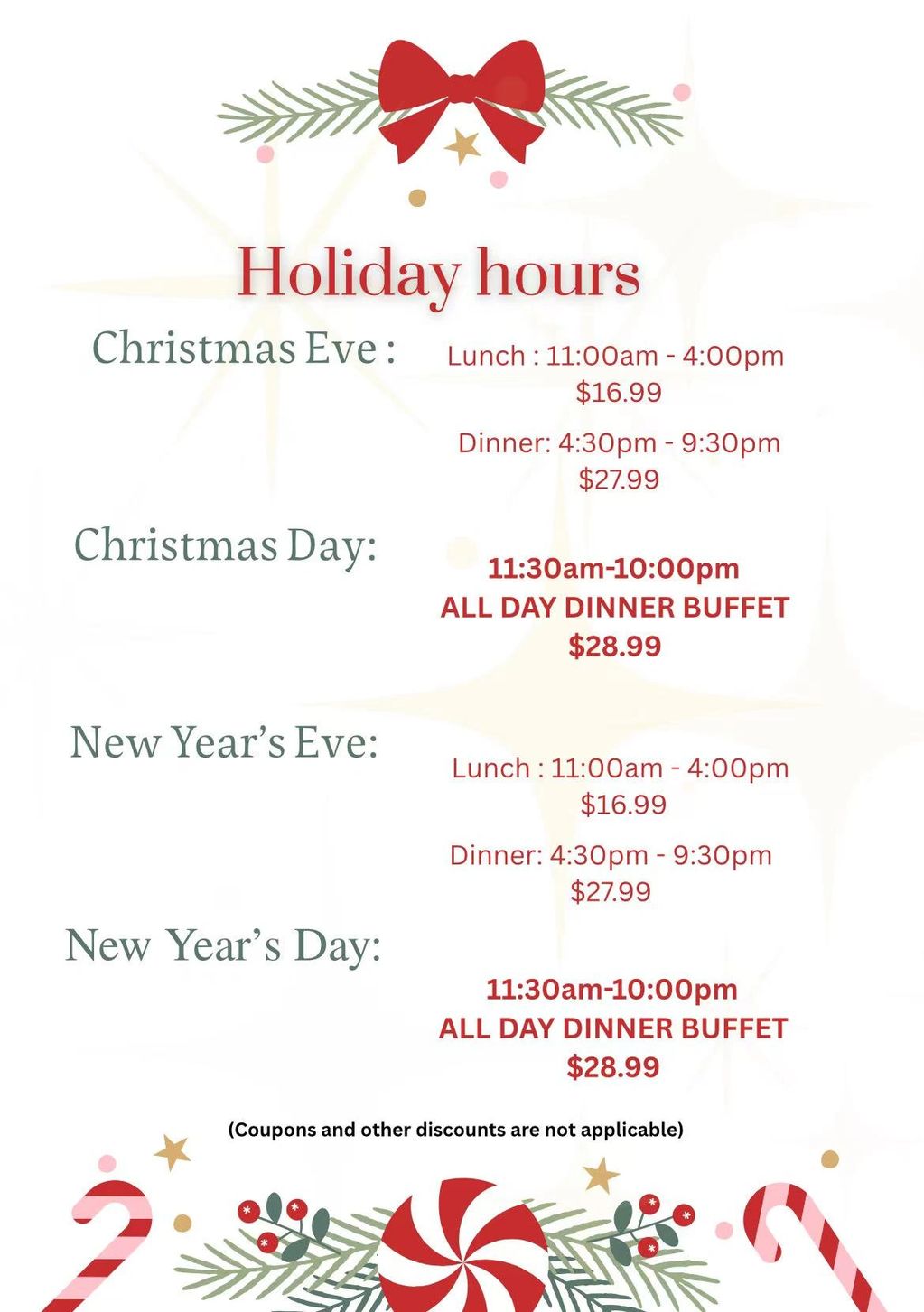 Christmas & New Year Holiday Hours & Price