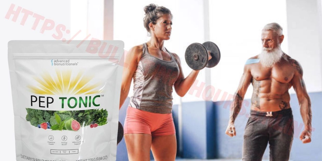 Athletic woman lifting dumbbell with a muscular man watching, alongside a Pep Tonic supplement pack.