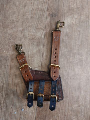 Leather strap harness with brass buckles on wooden surface.