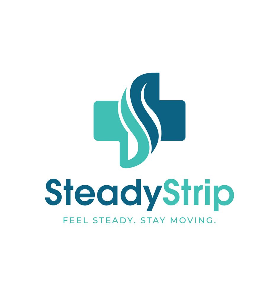 Medical logo for SteadyStrip with a cross and flowing lines symbolizing movement.