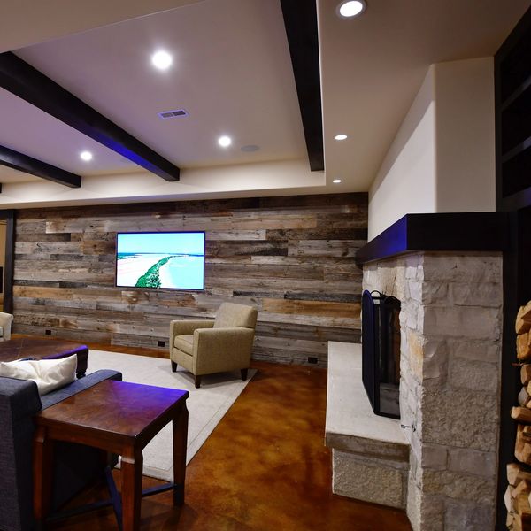 Reclaimed wood finished basement and bar