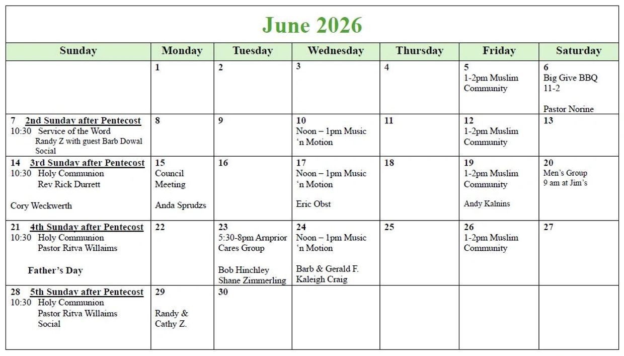 June 2026 calendar with community events and church services.