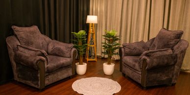 Cozy living room setup with two plush chairs, a floor lamp, and potted plants.