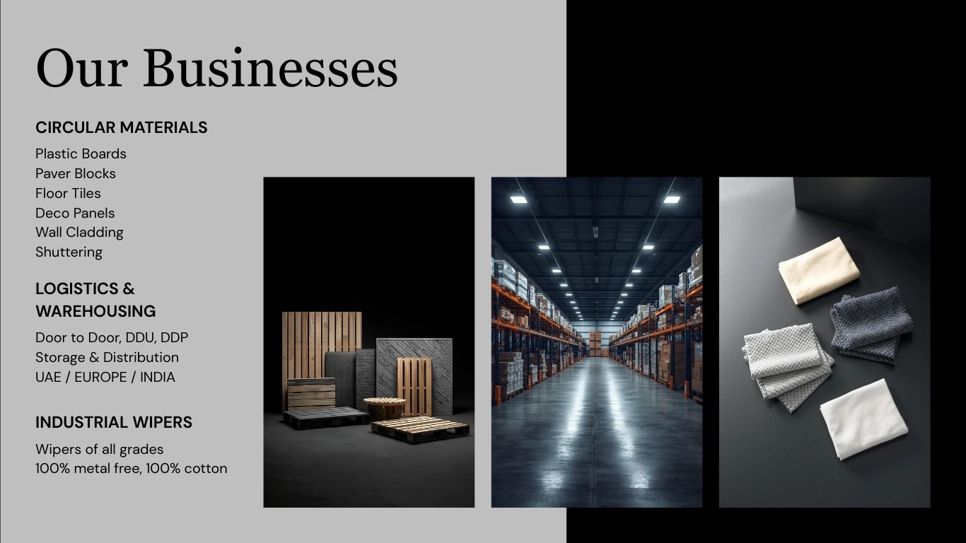 Overview of a company's circular materials, logistics, warehousing, and industrial wipers business sectors.