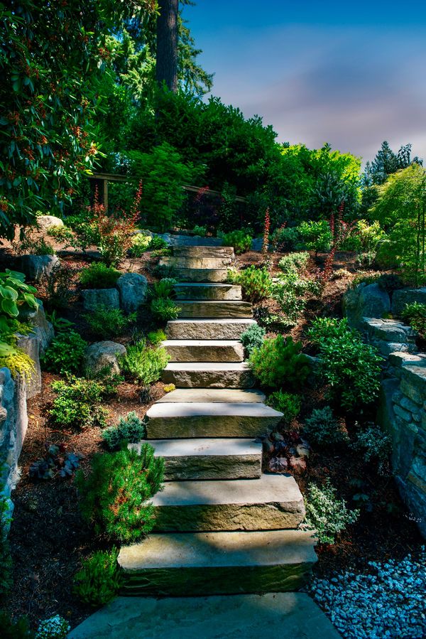 Basalt stone stair treads leading to pennsylvania bluestone patio, planting, walkways, outdoor stair