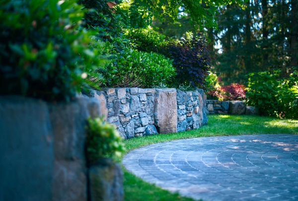 Basalt stone retaining wall, outdoor living, lawn area, bluestone stepping stone walkway, front yard