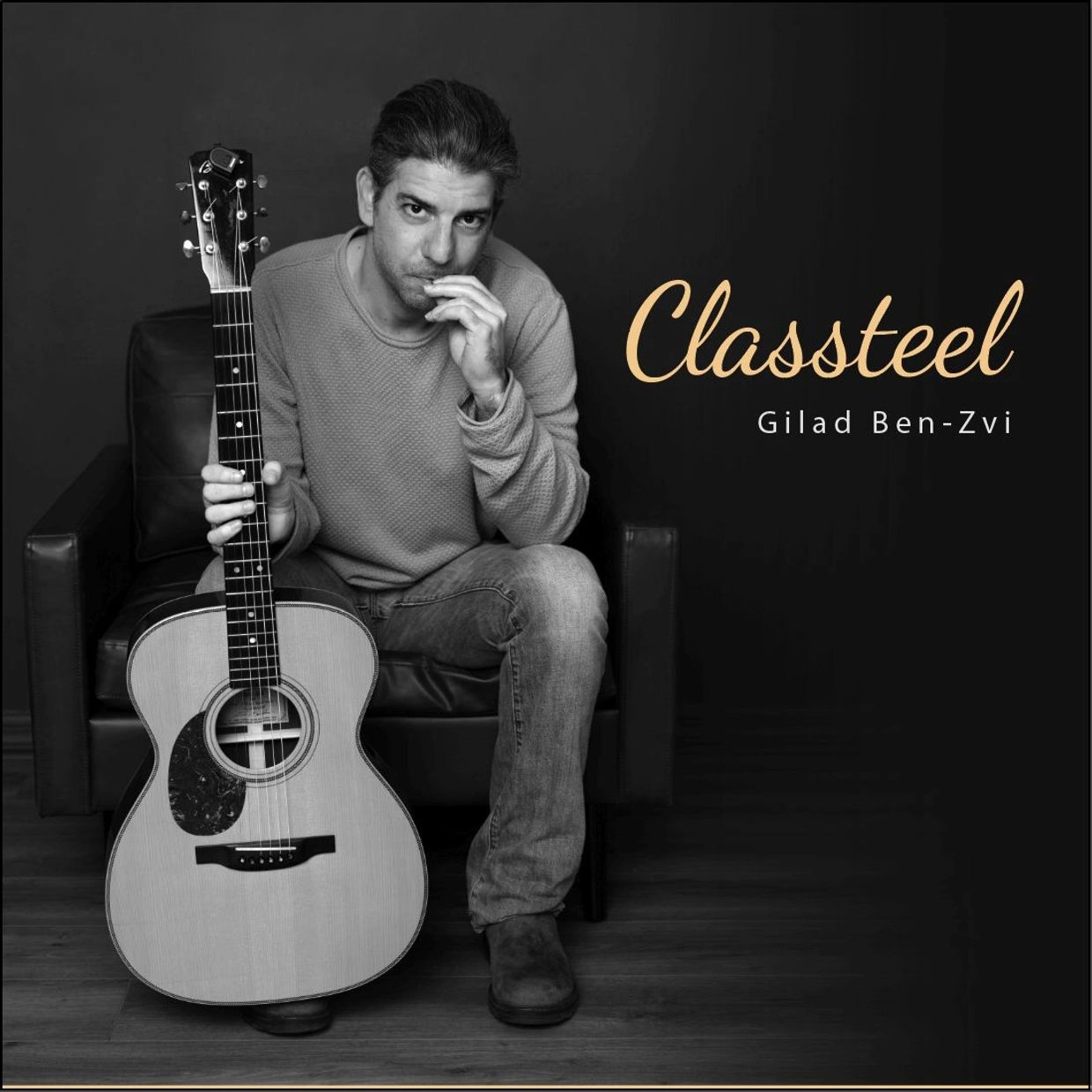 Man with guitar sitting on a chair, album cover for Classteel by Gilad Ben-Zvi.