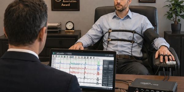 Man undergoing a polygraph test in an office setting.