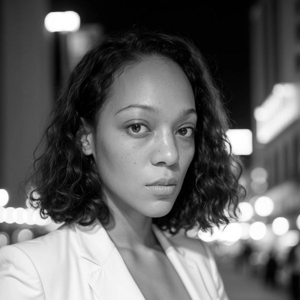 Black and white close-up portrait of a woman with curly hair at night.