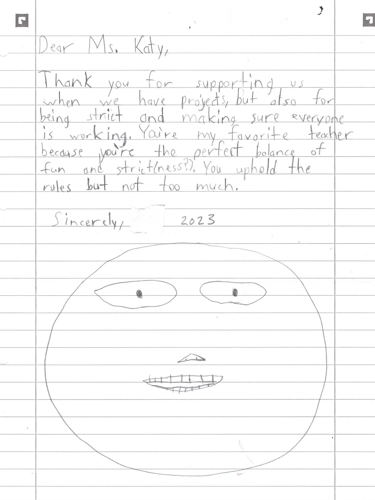 A handwritten thank-you note to Ms. Katy with a face drawing.