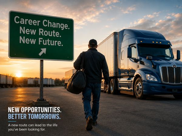 Man walking towards a truck at sunset with a sign about new opportunities.