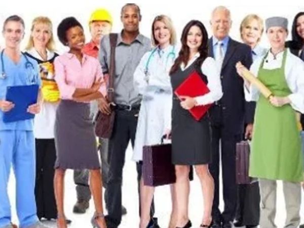 Group of diverse professionals from various fields standing together.