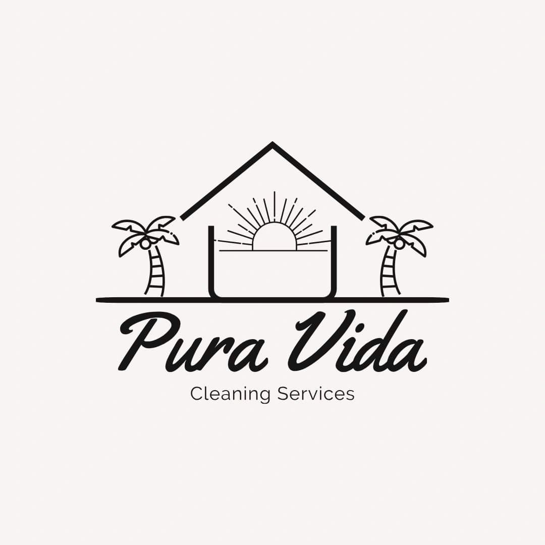 Logo of Pura Vida Cleaning Services with house, sun, and palm trees.