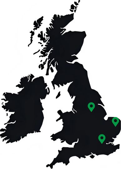 Map of the United Kingdom with three green location markers.