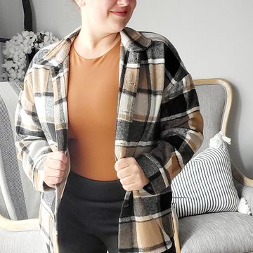 Women's Fall Color Block Plaid Flannel Shacket Jacket Button Down Shirt Coat Tops