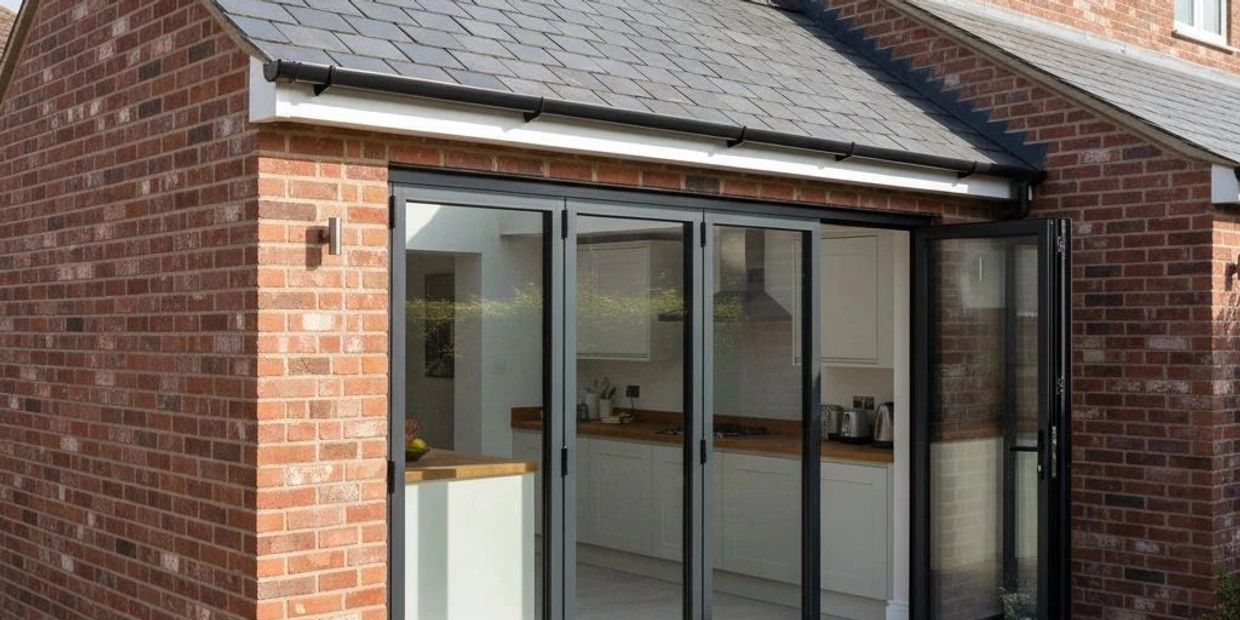 Modern brick extension with large glass folding doors opening to a kitchen.