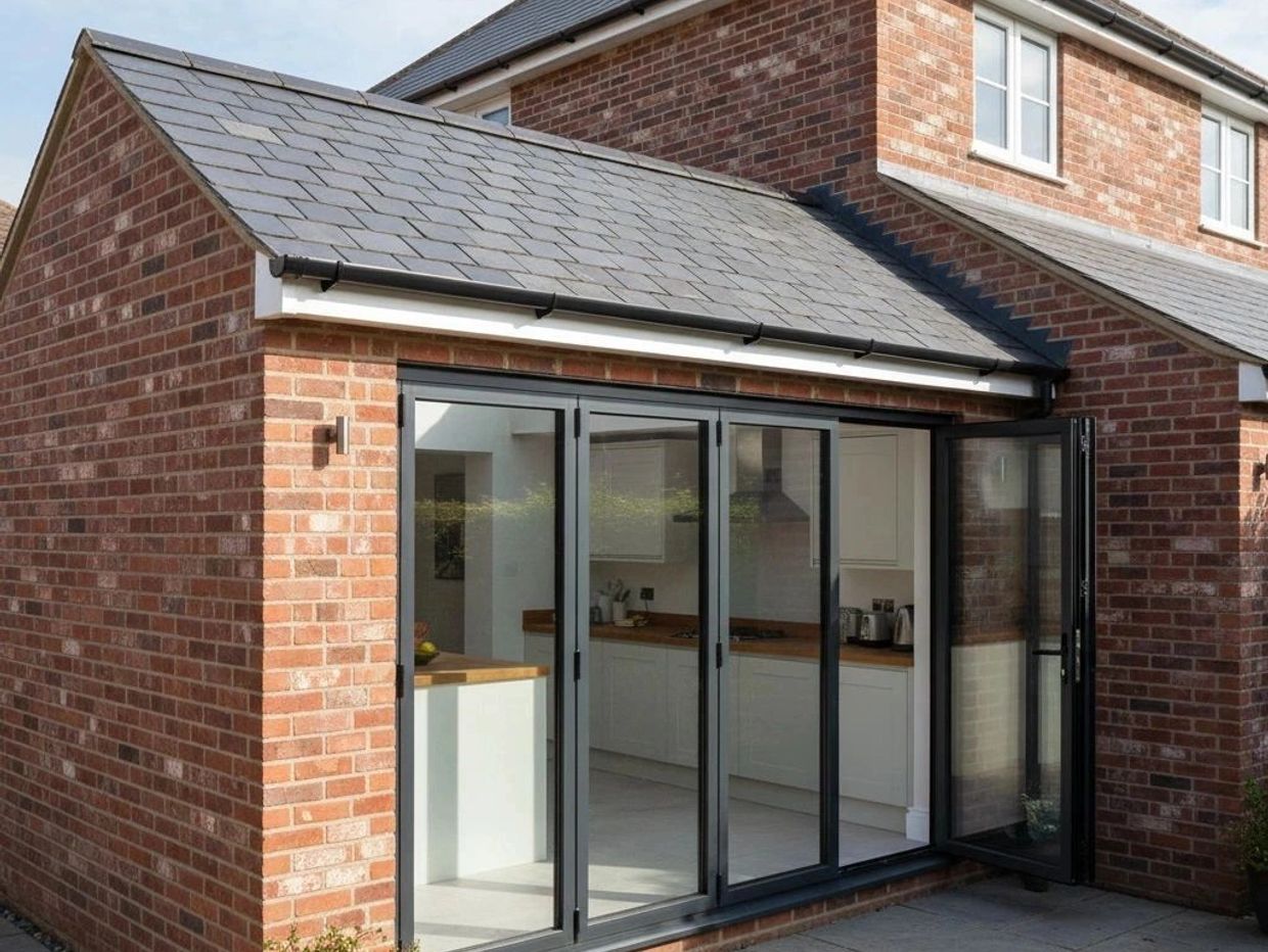Modern brick extension with large glass folding doors opening to a kitchen.