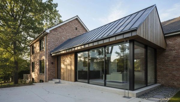 Modern house extension with glass walls and metal roof attached to brick building.
