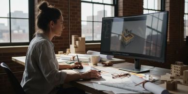 Woman working on architectural design at desk with large monitor.