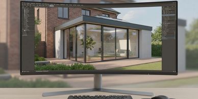 A widescreen monitor displays architectural software showing a modern house design.
