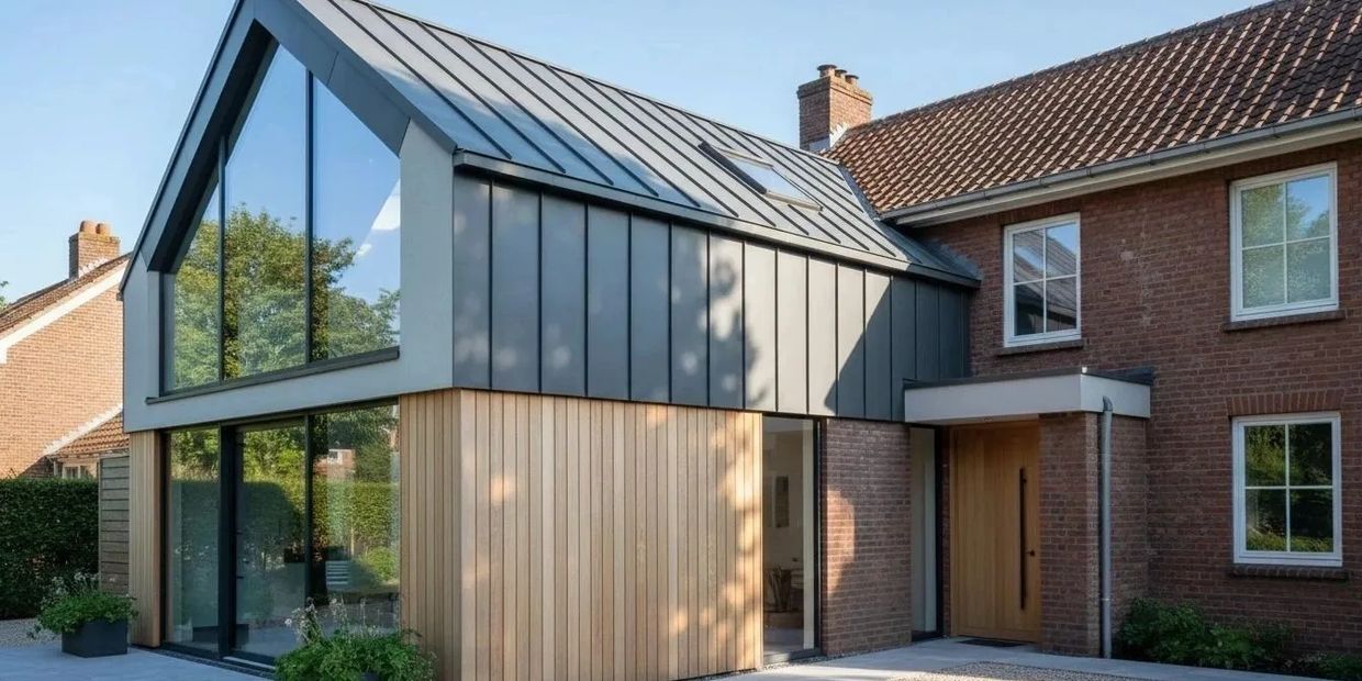 Modern house extension with glass, wood, and metal elements.