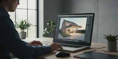 Person designing a modern house on a laptop at a desk.