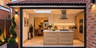 Modern kitchen with open sliding doors leading to dining area.