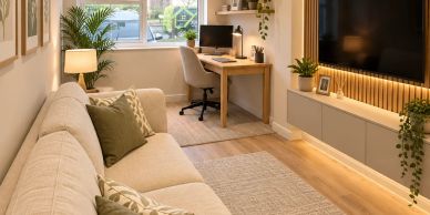Cozy living room with a work desk by the window.