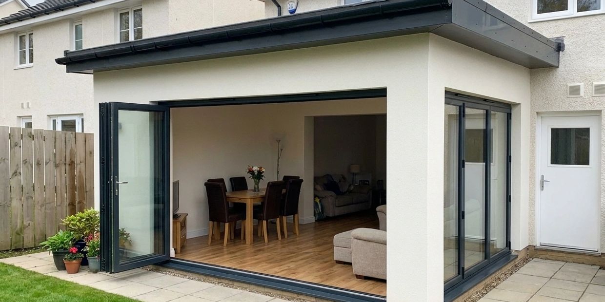 Modern home extension with large folding glass doors opening to a cozy dining and living area.