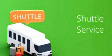 Shuttle service with luggage and bus illustration.