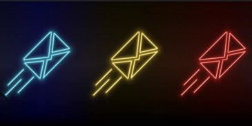 Neon envelope icons in blue, yellow, and red on dark background.