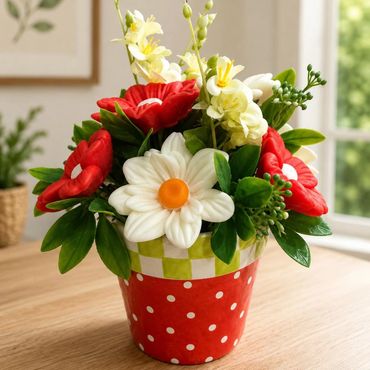 Colorful flower arrangement in a red polka dot pot.