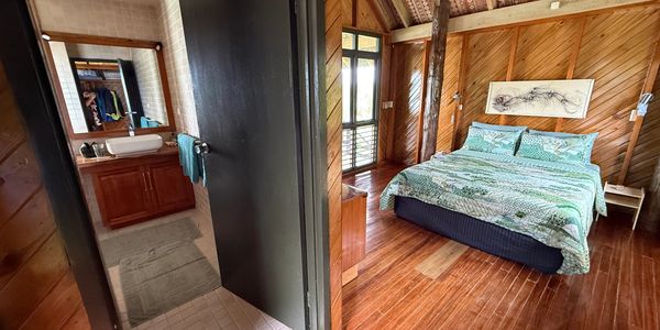 Cozy wooden bedroom with attached bathroom and green bedding.