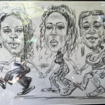 Charcoal caricature of three women holding hands and walking together.