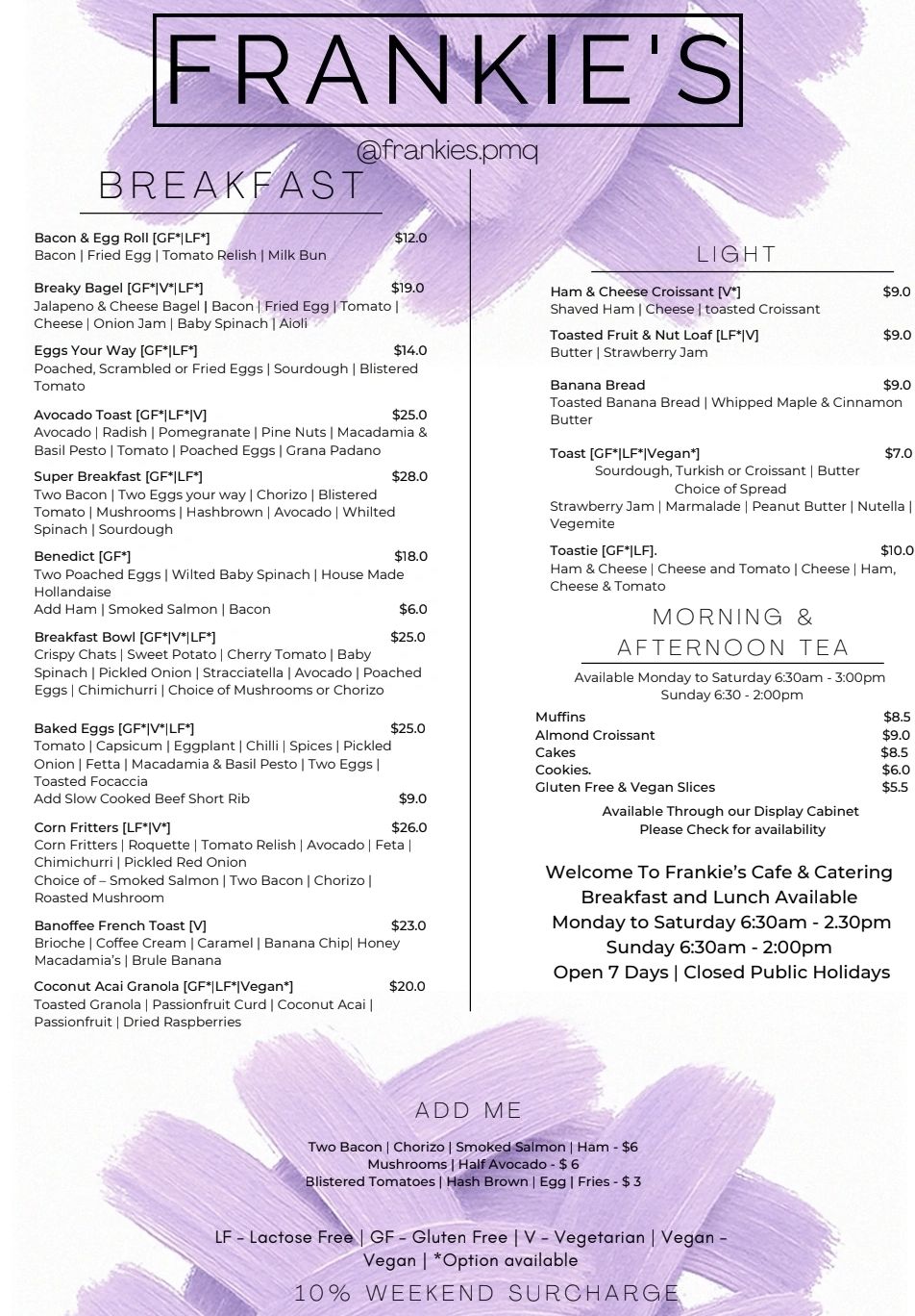 Breakfast and light menu offerings at Frankie's with gluten-free and vegan options.