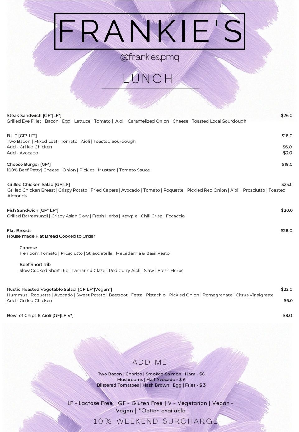 Frankie's lunch menu featuring sandwiches, salads, flatbreads, and add-ons with dietary options.