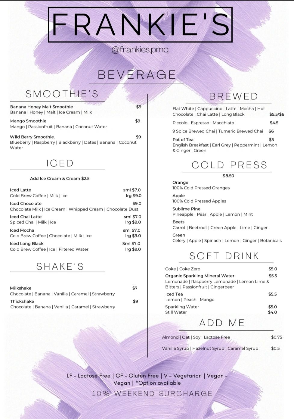 Frankie's beverage menu featuring smoothies, iced drinks, shakes, brewed coffee, cold press juices, and soft drinks.