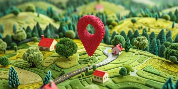A red location pin on a miniature countryside map with houses and trees.