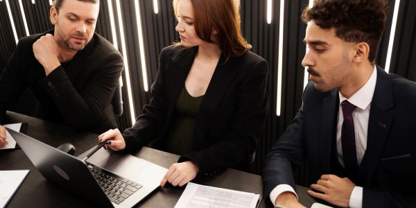 Three professionals discussing work around a laptop in a modern office.