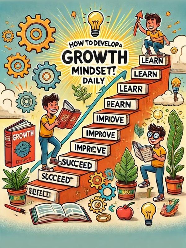 Illustration of growth mindset steps with kids climbing learning stairs.
