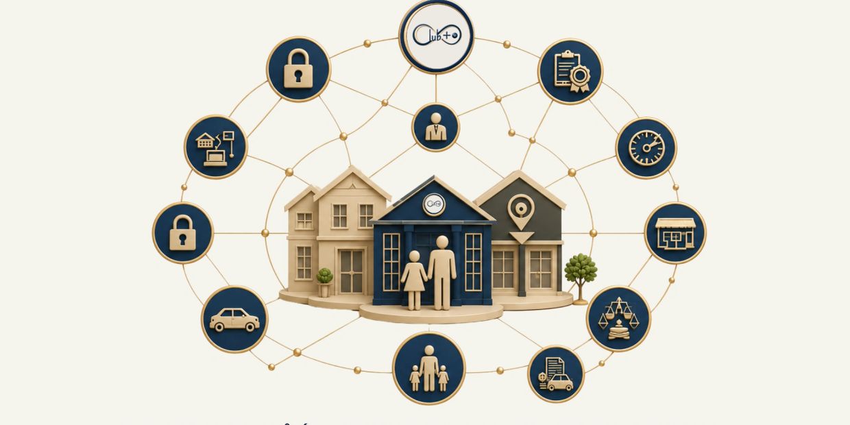 Casas conectadas a ícones de serviços em rede.