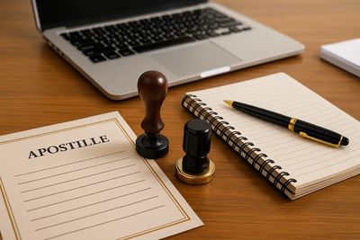 Professional notary desk with apostille documents, seal, & pen in Los Angeles.