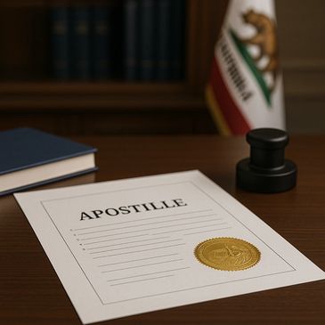 Completed California apostille on desk